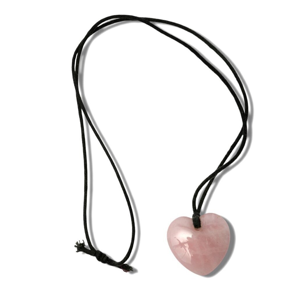 Heart Rose Quartz Pendant Necklace Fabric Cord Taurus Birthstone Pink Stone Boho